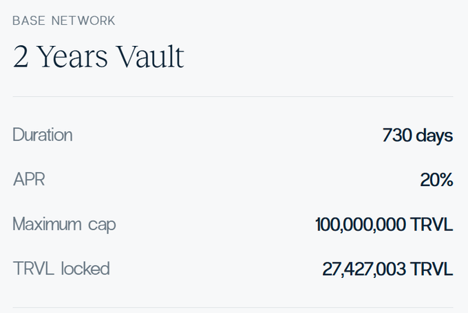 A Base Network '2 Years Vault' details panel showing a 730-day duration, 20% APR, maximum cap of 100,000,000 TRVL, and 27,427,003 TRVL locked.