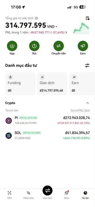A cryptocurrency exchange app interface in Vietnamese showing a total asset value of 314,797,595 VND, including holdings in PI and SOL.