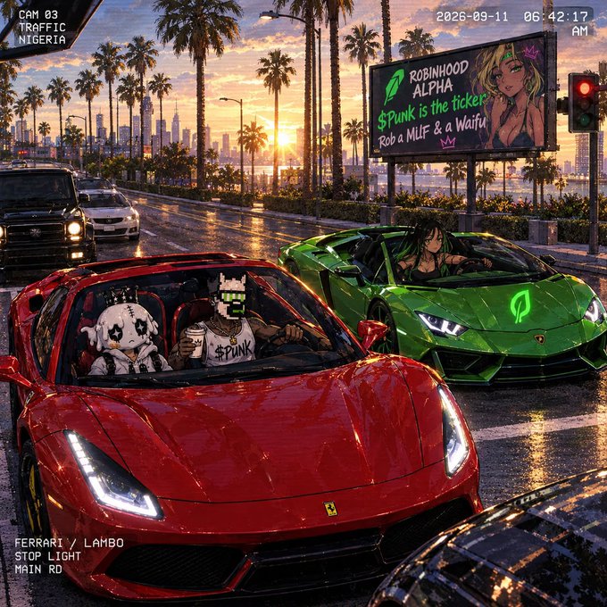 A stylized digital illustration labeled 'CAM 03 TRAFFIC NIGERIA' dated '2026-09-11', featuring a red Ferrari and green Lamborghini at a 'STOP LIGHT MAIN RD' in front of a billboard reading 'ROBINHOOD ALPHA $PUNK is the ticker! Rob a MLF & a Waifu'.