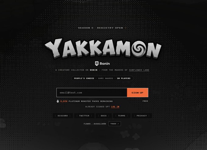 The image shows a registration page for Yakkamon, a creature collector game on Ronin network, featuring a "Sign Up" email field and displaying that 9,978 player monster packs remain, which aligns with the post announcing the game by 0xSunflowerLand on the Ronin blockchain.