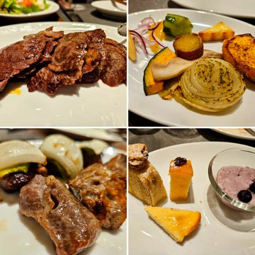 A four-panel collage showcases a luxurious meal featuring various meat dishes—including what appears to be grilled steak, roasted chicken, and small savory bites—alongside an artfully plated appetizer with vegetables and pasta, and a dessert with berries and ice cream. The images complement the post's celebratory tone of enjoying a hearty, delicious meal during a busy week, with payment made via the Tria card.