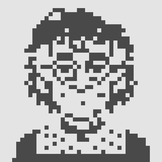 A pixelated 8-bit style portrait of a character with a serious expression.