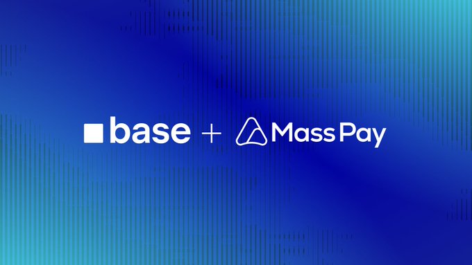 The image features a logo that reads "Base + MassPay" written in white text against a blue background with vertical lines. The logo also includes an image of a payment gateway, which suggests that this could be related to real-time cross-border payments for global enterprises. The caption below the logo provides additional information about the service being offered by the company.