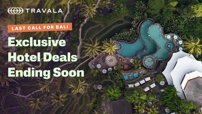 A promotional banner for Travala featuring an aerial view of a tropical resort with a winding pool, advertising 'LAST CALL FOR BALI - Exclusive Hotel Deals Ending Soon.'