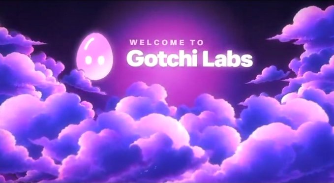 A neon-styled graphic reads 'WELCOME TO Gotchi Labs' in white text against a backdrop of purple clouds and a pink, smiling ghost-like character.