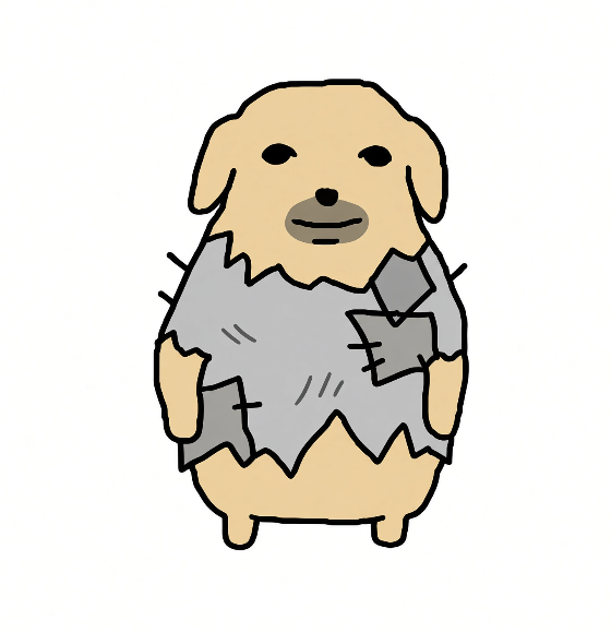 A cartoon illustration depicts a beige dog wearing a tattered gray shirt, holding what appears to be a small gray object in one paw.