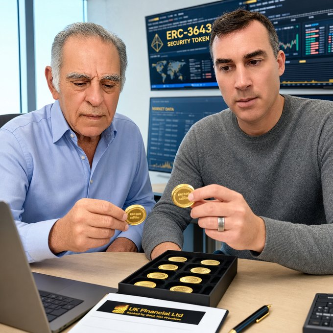 Two men sit at a desk examining gold coins, with a screen behind them displaying "ERC-3643 SECURITY TOKEN" and market charts, while a document on the desk reads "UK Financial Ltd".