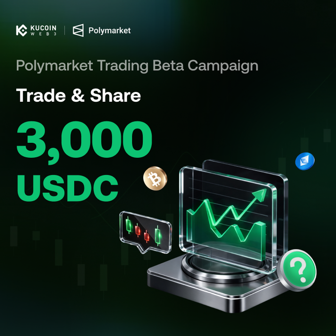 The image shows a window with two trading charts, one showing a green upward trend line indicating a rising price of Bitcoin, while the other displays a downward slope indicating a falling price for the cryptocurrency. These charts are associated with a promotional advertisement encouraging traders to participate in a USDC Trade and Share campaign. The text on the post says "Make your first prediction, win a share of 3,000 $USDC 3,000 $USDC prize pool 11/03 - 10/10, 04:00 - 04:00 UTC To Enter Follow @KuCoin_Web3 Wallet Join:". This invites traders to predict and participate in the campaign by sharing their predictions via social media using a specific hashtag. The post also mentions that there is an additional reward awaiting those who join and share the campaign.