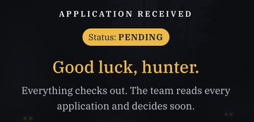 The screenshot shows an "APPLICATION RECEIVED" confirmation page with a "Status: PENDING" indicator, accompanied by the message "Good luck, hunter. Everything checks out. The team reads every application and decides soon." This relates to the post about a NFT project called Bitfoots (limited to 303 1/1 pieces), where the user is still in pending status and hoping for approval from @BITFOOTS_ and @ShiloniousMonk.