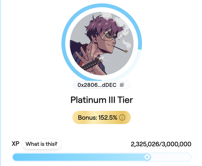 A Platinium III Tier profile page shows the username "0x2806...dDEC" with a 152.5% bonus and 2,325,026/3,000,000 XP progress.