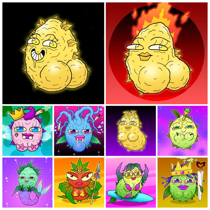 A collage of cartoon characters from the "Project 222" NFT collection, featuring anthropomorphic potato and fruit figures with various traits like crowns, glasses, and weapons.