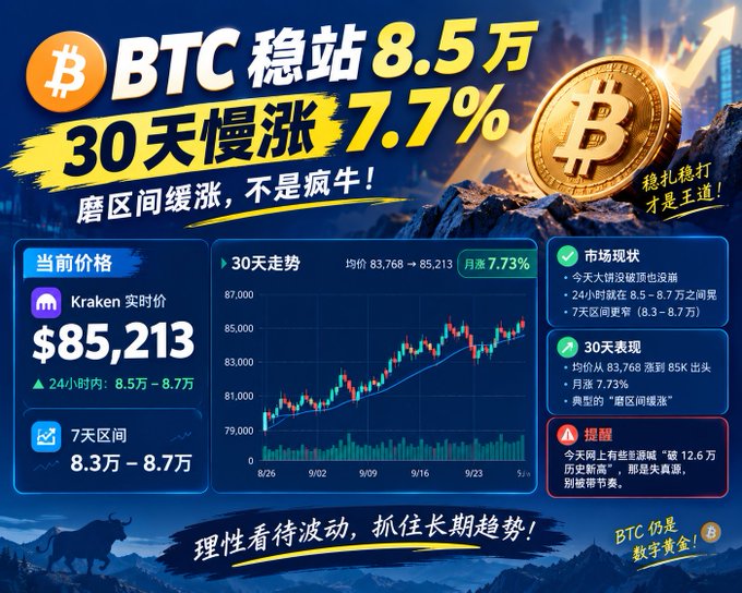 A Chinese-language Bitcoin market infographic showing 'BTC 稳站 8.5万' with a current price of '$85,213' on Kraken and a 30-day price chart indicating a '7.7%' rise.