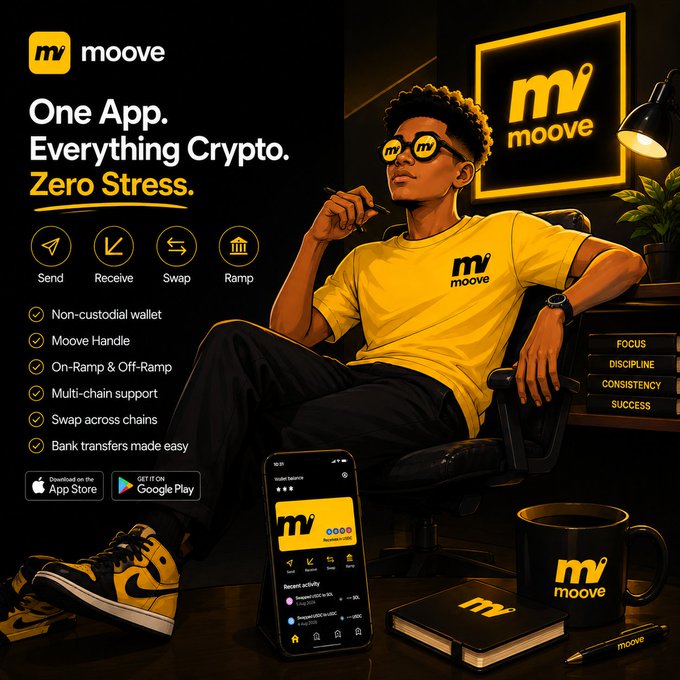 A promotional graphic for the 'moove' cryptocurrency app featuring the tagline 'One App. Everything Crypto. Zero Stress.' alongside a young man wearing branded yellow apparel and sunglasses.