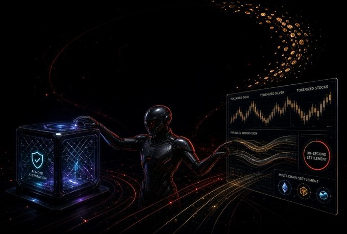 A futuristic robotic figure stands between a glowing "Trusted Attestation" cube on the left and a financial dashboard displaying "Tokenized Gold," "Tokenized Silver," "Tokenized Stocks," and "30-Second Settlement" data on the right, with digital tokens swirling overhead. The image visually represents the rapid, high-tech crypto trading surge described in the post, illustrating the volatility and bullish momentum of tokens like $SOON climbing 150% in a single week.
