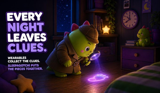 An advertisement featuring a green cartoon character dressed as a detective with the text 'EVERY NIGHT LEAVES CLUES. WEARABLES COLLECT THE CLUES, SLEEPAGOTCHI PUTS THE PIECES TOGETHER.'