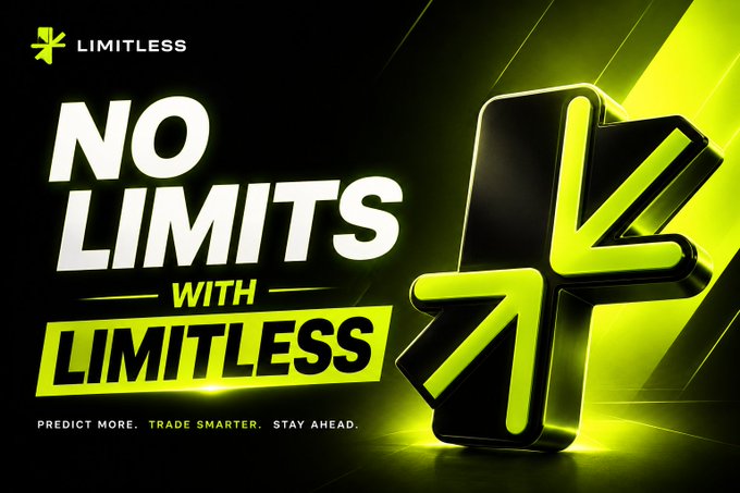 The image is a vibrant promotional banner for **Limitless**, featuring the tagline "**NO LIMITS WITH LIMITLESS**" in bold white and neon green text, alongside the subtext "**PREDICT MORE. TRADE SMARTER. STAY AHEAD.**" A 3D neon-green arrow icon pointing diagonally upward reinforces the bullish, forward-thinking crypto and finance theme. It visually complements the post by promoting Limitless as a prediction market platform for analyzing crypto trends like BTC price movements.
