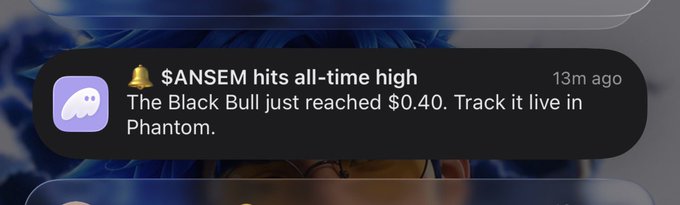 A Discord notification announces that "$ANSEM hits all-time high," noting that "The Black Bull just reached $0.40," which ties to the post crediting user @blknoiz06 for a life-changing call on the ticker.