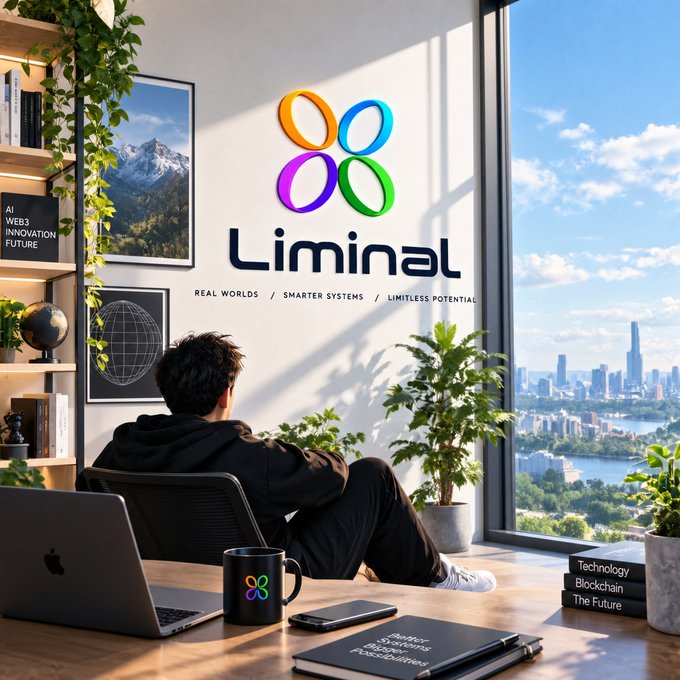 A person relaxes in a sunlit modern office with a city view, gazing at a wall displaying the "Liminal" logo and tagline "Real Worlds / Smarter Systems / Limitless Potential," with nearby books titled "Technology," "Blockchain," and "The Future" reinforcing the brand's DeFi and innovation theme.

The image visually frames the brand as forward-thinking and tech-driven, complementing the post's description of Liminal Finance as a DeFi protocol built on Hyperliquid that uses automated, delta-neutral strategies to generate yield without relying on token emissions.