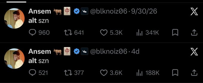 Two screenshots of X (formerly Twitter) posts from user Ansem (@blknoiz06) both reading 'alt szn', dated 9/30/26 and 4d ago, showing engagement metrics including 5.3K and 3.6K likes, and 341K and 188K views.