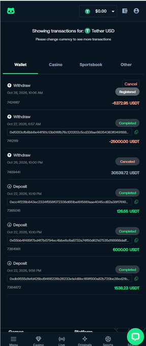 A dark-mode sportsbook wallet screen shows “Showing transactions for: Tether USD” and a transaction list with statuses including “Cancel,” “Registered,” “Completed,” and “Completed,” alongside USDT amounts.