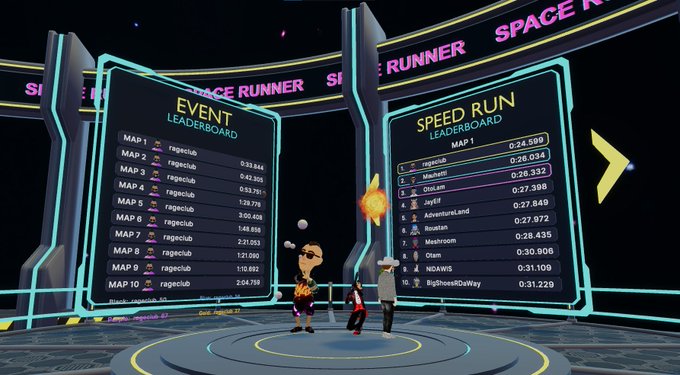 A screenshot from the VR game Space Runner showing 'EVENT' and 'SPEED RUN' leaderboards, with avatars standing on a circular platform in front of large digital display panels.