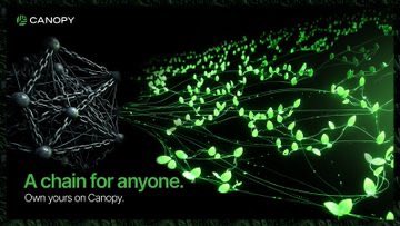 A promotional graphic for Canopy, featuring a digital network visualization with green plant-like nodes connected by lines, with the tagline 'A chain for anyone. Own yours on Canopy.'