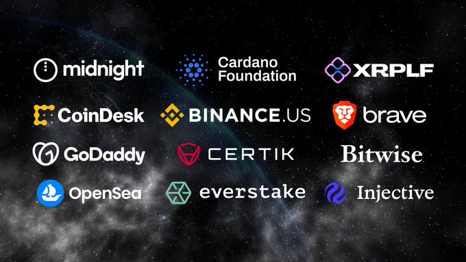 A grid of company logos for Rare Evo's confirmed speakers, including Midnight, Cardano Foundation, XRPLF, CoinDesk, Binance.US, Brave, GoDaddy, CertiK, Bitwise, OpenSea, Everstake, and Injective, displayed against a cosmic background. The image visually showcases the lineup of industry leaders mentioned in the post, who are set to speak at the conference in Las Vegas from July 28-31.