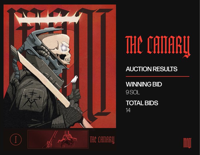An NFT auction results page titled 'THE CANARY' displaying a menacing skull-faced cyborg soldier illustration in red and black tones. The results show 'WINNING BID 9 SOL' and 'TOTAL BIDS 14' with an info icon at the bottom.