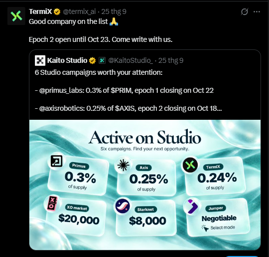 A social media post from TermiX (termix.ai) quoting Kaito Studio about "6 Studio campaigns worth your attention," including Primus (0.3%), Axis (0.25%), TermiX (0.24%), XO market ($20,000), Starknet ($8,000), and Jumper (Negotiable).