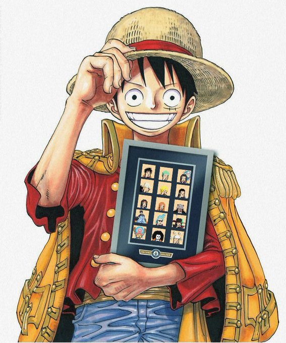An anime character in a straw hat and yellow cape holds a tablet displaying a grid of character portraits, resembling Monkey D. Luffy from One Piece.