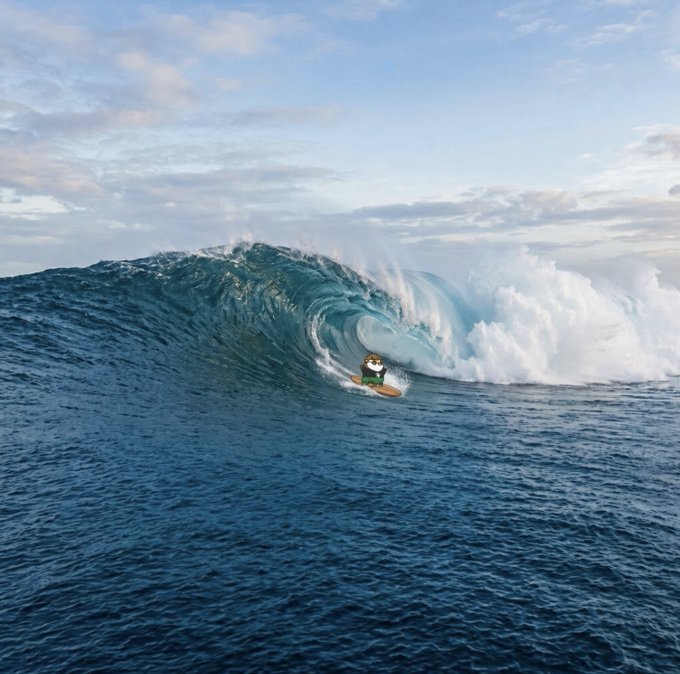 A small cartoon penguin wearing sunglasses surfs inside a massive curling ocean wave under a partly cloudy sky.
