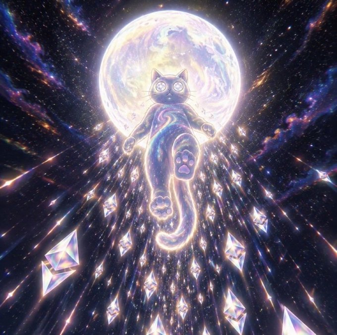 A digital illustration of a cosmic cat with starry, galaxy-patterned fur floating in front of a large moon surrounded by crystals.