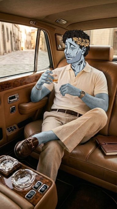 A blue-skinned man with a golden crown of leaves sits relaxed in the back of a luxury vehicle, wearing a cream polo shirt and khaki pants, holding a glass.