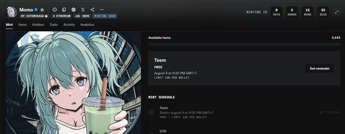 A profile page for 'Momo' on a meme token platform, showing an anime girl with mint hair holding a drink, with an upcoming token mint on August 4 at 11:30 PM GMT+7 priced at 0.1 UNIT.
