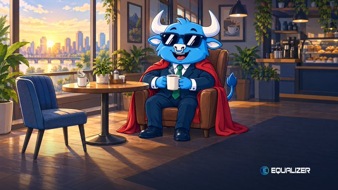 An animated blue bull mascot wearing sunglasses and a red cape sits in an armchair holding a coffee mug, with the 'EQUALIZER' logo displayed in the bottom right corner.
