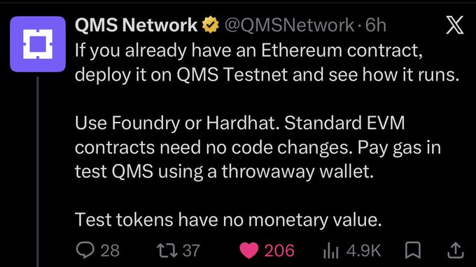 A social media post from "QMS Network" explains how to deploy an Ethereum contract on QMS Testnet using Foundry or Hardhat, noting that test tokens have no monetary value.