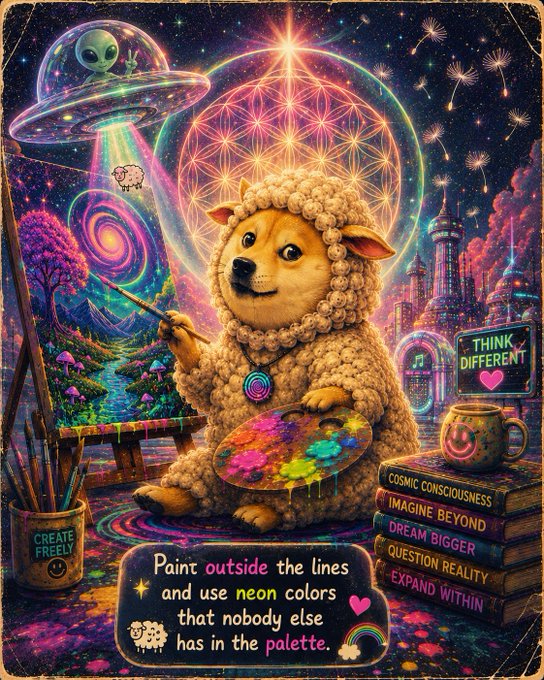 The image features a dog dressed as a sheep, sitting next to a paintbrush and palette of colors. The background includes a painting with a blue sky and purple flowers, along with an alien spaceship and a rainbow. The caption reads "Paint outside the lines and use neon colors that nobody else has in the palette."