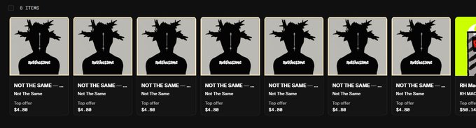 A website screenshot showing multiple identical merchandise items titled 'NOT THE SAME' priced at $4.00, featuring a silhouette logo.