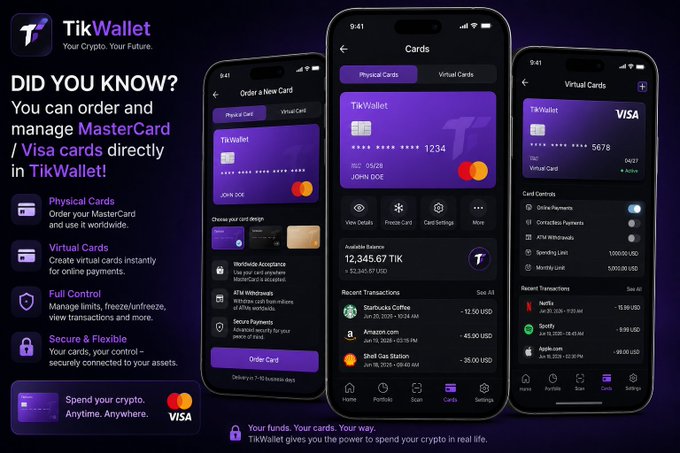 The image showcases the TikWallet app, highlighting the ability to order and manage physical and virtual MasterCard and Visa cards to spend crypto anywhere. This directly supports the post's announcement of TikChain evolving into a crypto banking ecosystem with physical and virtual cards.