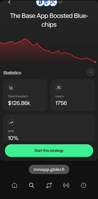 The image shows a phone screen with an app that provides stock market information, specifically cryptocurrency prices of Bitcoin (BTC). The app displays details about various cryptocurrencies, such as Bitcoin (BTC), and features a summary of their current value along with some statistics related to them. There is also a green button on the bottom left corner of the screen, labeled "Start this strategy". This indicates that the user has an opportunity to start a trading strategy using these cryptocurrency prices displayed in the app.
