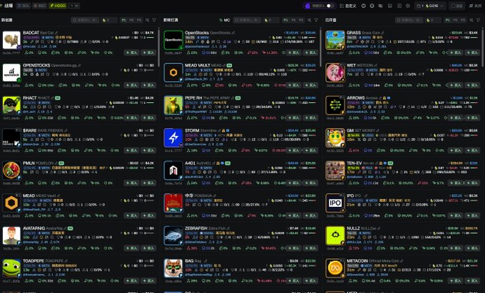 The image displays a cryptocurrency tracking dashboard featuring numerous meme coin listings including BAGCAT, OpenBooks, GRASS, OPENBOOK, MEAD VALLEY, Pwet, FACET, PORKI, ARROWS, SHARE, STORM, GM, FKN, AIOI, TEN-EV, MEAD, 中信, IPO, AWASAND, ZERAPER, HULU, TOADPEPE, BAG Day!, and METACOIN, showing their market caps and trading metrics. The post emphasizes how traders with small capital chasing unrealistic 100x gains on volatile meme coins are likely to lose everything, advising caution and appreciation for modest 20% gains instead.
