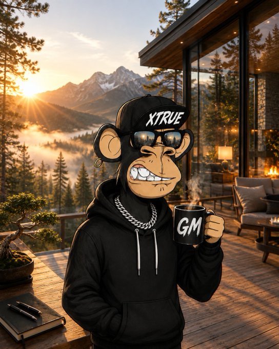 An animated monkey character wearing sunglasses and an "XTRUE" cap sips from a "GM" mug on a scenic mountain deck at sunrise, symbolizing a laid-back crypto morning despite the technical challenges discussed in the post about privacy chains losing anonymity when bridging to EVM networks like Ethereum and BSC.
