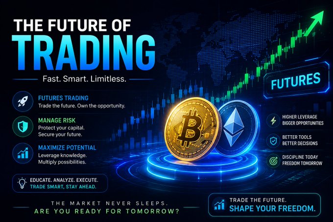 Futuristic 'THE FUTURE OF TRADING' advertisement featuring Bitcoin and Ethereum coins with sections on Futures Trading, Manage Risk, Maximize Potential, Higher Leverage, and Better Tools, with taglines 'Fast. Smart. Limitless.' and 'The Market Never Sleeps.'