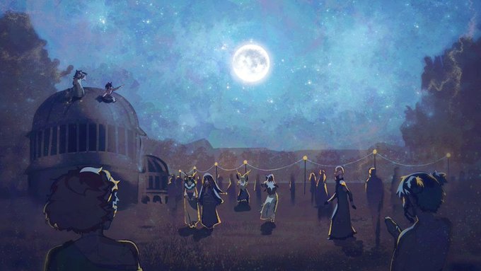 The image features a group of people standing outside under a full moon, with some of them holding up strings or lights. The scene appears to be set at night, possibly during an outdoor event or gathering. There are several individuals visible in the picture, including one person on top of a building and others scattered around the area. The presence of the full moon suggests that it is nighttime, adding to the atmosphere of the scene.
