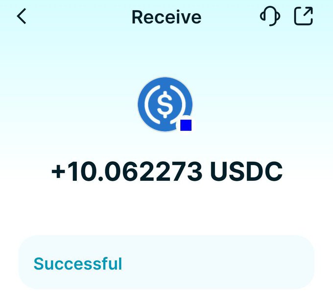 A mobile app screenshot showing a successful crypto transaction receipt of +10.062273 USDC, with a USDC coin icon at the top.