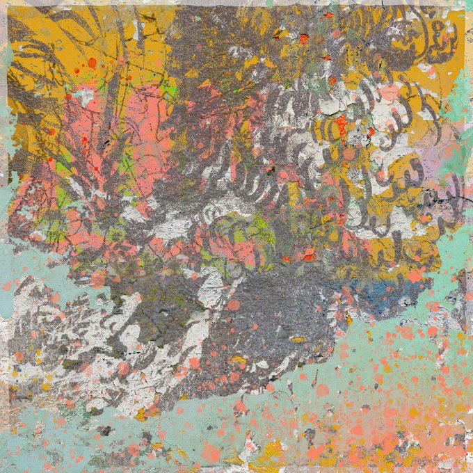 An abstract mixed-media artwork featuring textured patterns, splatters of paint, and a chaotic blend of colors including pink, yellow, green, and grey.