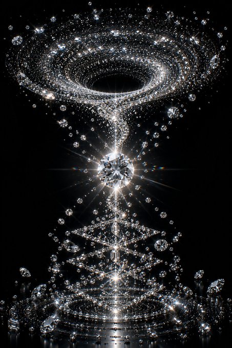 A glittering diamond hourglass shape made of sparkling crystals and light against a black background.