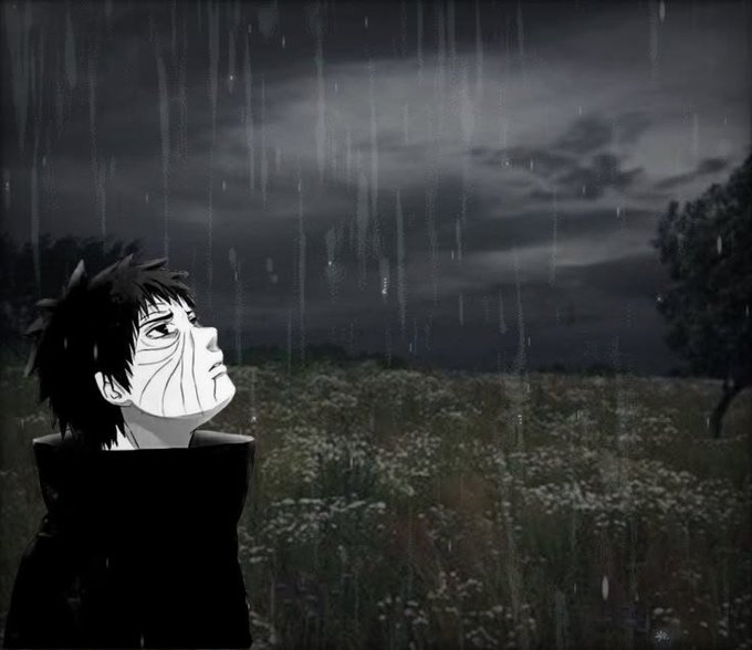 A black-and-white anime-style illustration of a character with facial markings standing in a flower field while looking up at a rainy, cloudy sky.