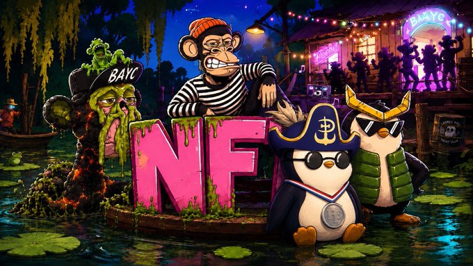 A vibrant nighttime swamp scene features the bold pink letters "NFT" on a wooden boat, flanked by pirate-themed Bored Ape Yacht Club-style monkeys wearing "BAYC" hats and pirate gear, with BAYC silhouettes dancing in a lit-up club in the background—all reinforcing the post's call to join an NFT-focused community for the latest project hype and floor prices.