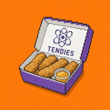 A pixel art style image on an orange background showing an open purple box labeled "TENDIES" with an atom logo, containing golden-brown chicken tenders and a small cup of dipping sauce.